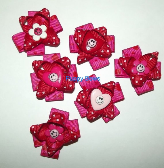 Puppy Bows ~Barrette or bands VALENTINE'S DAY red pink heart round bow dog grooming ~USA seller