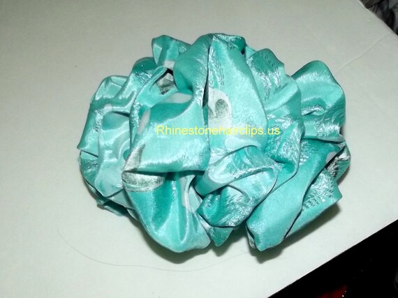 Becky Bows ~OOAK Barrette Hand crafted huge Scarf BIG hair bow Women or Girls giant light teal blue