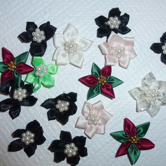 Puppy Bows craft items ~ 18 assorted black, white, green poinsettia daisy ribbon roses flower appliques pearls