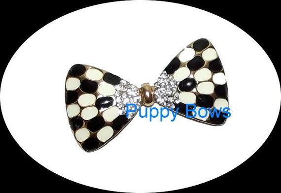Puppy Bows ~Black white checkered BOWTIE rhinestone dog TIARA barrette pet hair clip ~USA seller