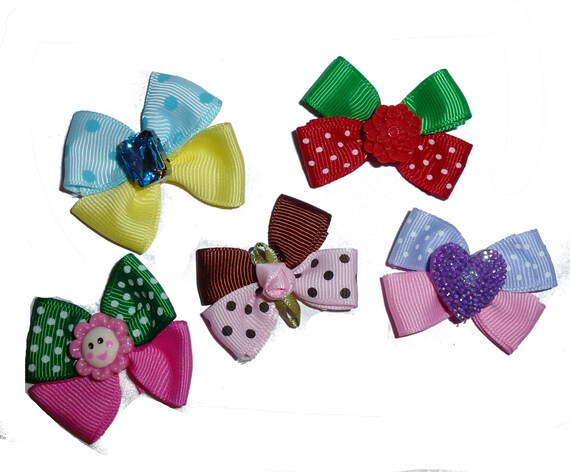 Puppy Bows ~ Set of 5 polka dot flower bows barrette bow hair clips for pets ~USA seller (fb160)