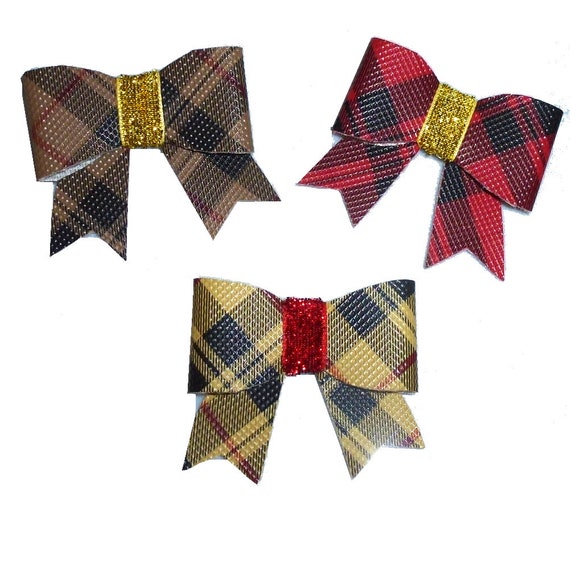 Puppy Bows ~  brown plaid faux leather pet hair bow x 3  barrette latex bands  (FB4AA)