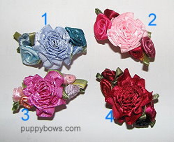 Puppy Bows ~Hand sewn rose flowers multi colors satin barrette carnation centers ~USA seller