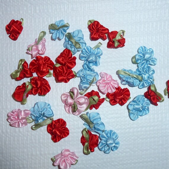 Puppy Bows craft items ~ 4 red, blue or pink rose flower appliques satin green leaves