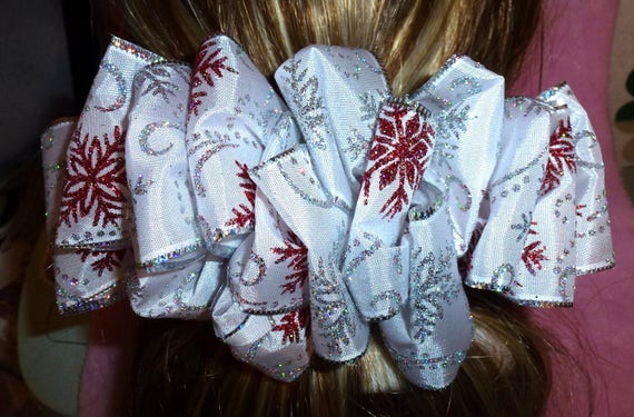 Becky Bows ~ ROSETTE Barrette Hand crafted giant huge Scarf BIG hair bow Women or Girls silver white red snowflakes