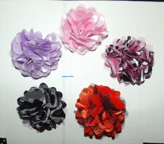 Puppy Bows ~ ballerina roses tulle satin flowers 5 colors grooming bow pet hair barrette (fb68)
