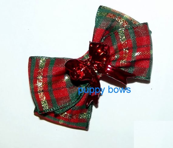 Puppy Bows ~ Christmas gold threads red green Poodle Pigtail pairs ear pet hair bow (fb49)