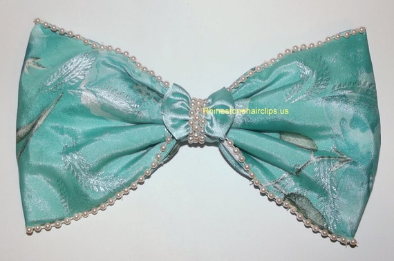 Becky Bows ~ Barrette rhinestones huge Scarf BIG hair bow Women or Girls giant TEAL blue and pearls