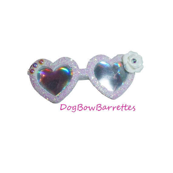Puppy bows specialty white glitter and pearls sunglasses pet bow hair clip (FB157)