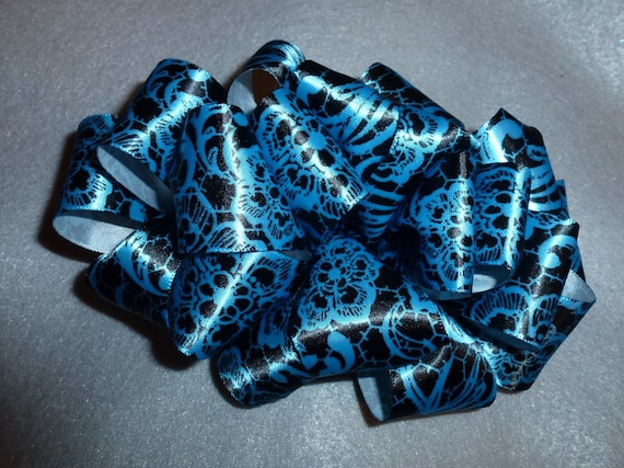Becky Bows~ Barrette Hand crafted huge ribbon BIG hair bow Women or Girls giant blue black floral