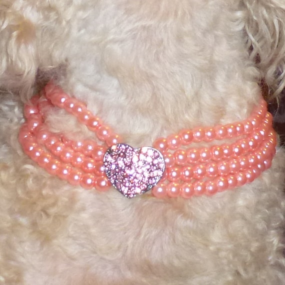 Puppy Bows ~Pink pearl rhinestone white pearl dog necklace collar jewelry ~USA seller