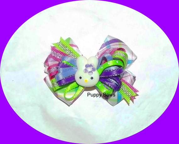 Puppy Bows ~ Easter bunny fancy purple pink plaid dog grooming bow pet hair barrette