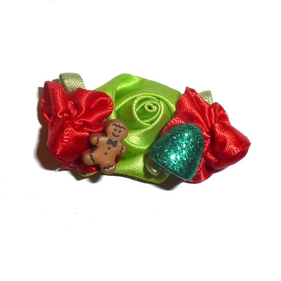 Christmas gingerbread gummy candy red/green satin roses latex bands or  barrette  clip pet hair dog bow (fb361V)