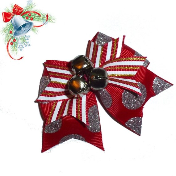 Puppy Bows ~ Christmas silver bells jingle bow pet hair latex bands or clip dog Collar slide (fb334)