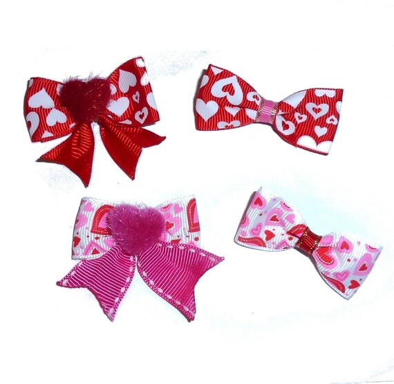 Dog hair mini bows CLEARANCE red white hearts bands or barrette clip. (fb503)