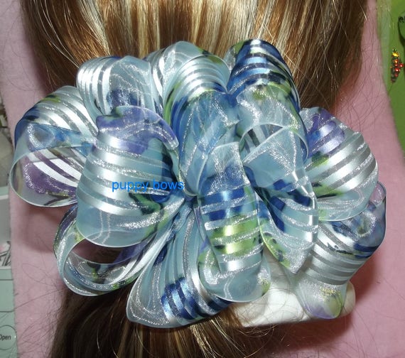 Becky Bows~ Barrette Hand crafted huge ribbon BIG hair bow Women or Girls giant blue chiffon florals