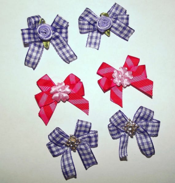 Puppy Bows ~6 purple pink gingham EVERYDAY BOWS Yorkie Maltese Shih Tzu ~Usa seller (fb81)