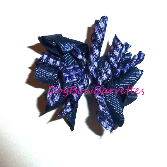 Puppy Bows blue/white check tiny Korker loop  dog bow  pet hair clip barrette or latex bands corky curly corker (fb556)