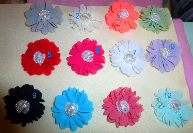 CLEARANCE ~ Shabby chic chiffon carnation flowers 12 colors PEARL centers grooming bow pet hair barrette fb102