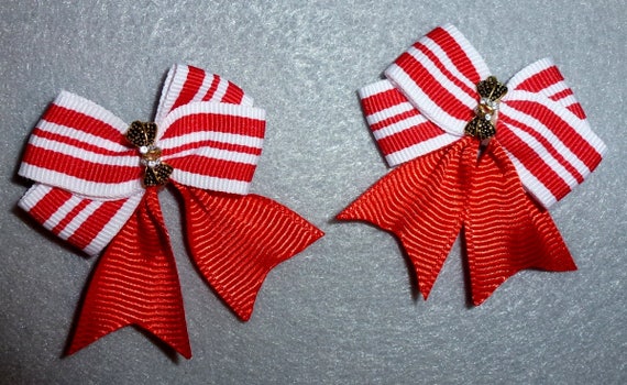 Puppy Bows ~ Fancy red stripe PAIR with rhinestone centers dog bow bands or barrette clips (fb85)