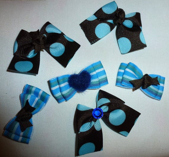 Puppy Bows ~6 boys blue chocolate EVERYDAY BOWS Yorkie Maltese Shih Tzu ~Usa seller (fb100)
