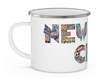 New York City Landmark Enamel Camping Mug 12oz,  Kelsey Montague Art, NYC Illustrated Travel Mug, Urban Outdoor Drinkware