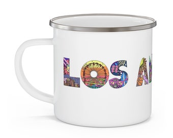 Los Angeles Iconic Enamel Camping Mug 12oz, Kelsey Montague Art, LA Landmarks Travel Mug, Outdoor LA Drinkware, City Art Mug