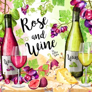 Roos en wijn, Franse voedselillustraties, Clipart, Voedselstickers, Druiven, Kaas, Kwekerijillustraties, Amandel, Rode wijn, Witte wijn