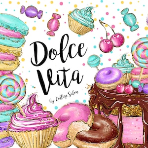 Dolce Vita, Illustrations de bonbons mignons, Clipart de gâteau, Autocollants imprimables, Clipart de nourriture mignonne, Illustrations de pépinière, Clipart de bonbons mignons