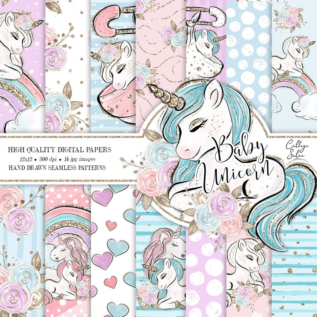 Baby Unicorn Patterns, Unicorn Papers, Planner Stickers, Seamless ...