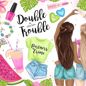 Beste Vrienden illustraties, Planner Stickers, Vriendschap, Meisjes, BFF, School, Mode Illustratie, Zomer, Handgetekende clipart, Bloemen