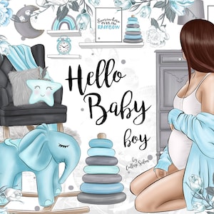 Ilustrações de bebê menino, ilustrações fofas, maternidade, gravidez, é um menino, adesivos para impressão, clipart fofo de bebê menino, berçário, animais