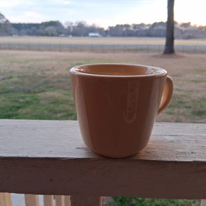 May include: A light orange ceramic mug with a handle sits on a weathered, white wooden surface. The mug is empty and has a smooth, glossy finish. The background shows a grassy field and trees under a cloudy sky.