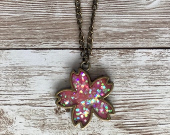 pink flower pendant, nature necklaces for women, birthday gifts for teen girls, floral jewelry, Christmas gifts for teenage girls, glitter