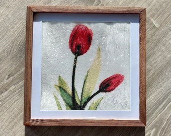 finished diamond painting, completed diamond art, floral decor, flower artwork, gifts for women, gift for her, art for wall, pink tulips