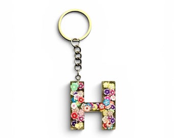 Flower Initial Keychain, Personalized Letter Charm, Resin Flower Bag Charm, Cute Gift for Her