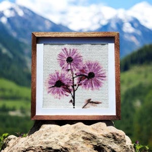 completed diamond art, finished diamond painting for sale, purple daisies, flower art framed, floral wall art, art for women bedroom, new