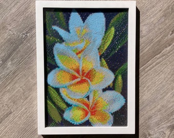 gift for women, Hawaiian plumeria, finished diamond art, floral artwork, diamond painting for sale, art for teacher, flower diamond painting