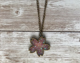 pink flower pendant, nature jewelry resin, birthday gifts for teenagers, Hawaiian plumeria, stocking stuffers for pre teens, glitter flowers