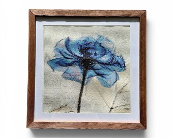 Blue Rose Diamond Painting Wall Art, Finished Framed Floral Decor, Sparkly Handmade Artwork, Cottagecore Gift