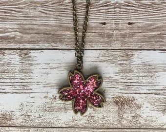 pink flower necklace, stocking stuffers for adults, nature necklaces for women, birthday gifts for tween, bronze jewelry for women, glitter