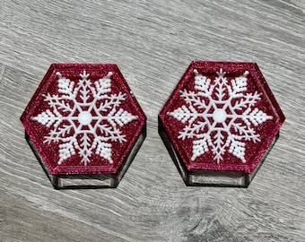 Christmas gift for her, coaster set of 2, pink glitter coaster, snowflake coasters, glitter snowflake, holiday decor, xmas gifts for women