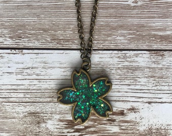 green flower necklace, birthday gifts for girls, nature necklaces for women, stocking stuffers for tweens, glitter flowers, bronze jewelry