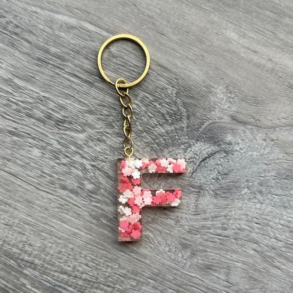 sakura keychain, cherry blossom key chain, initial key fob, monogram key holder, custom key ring, letter keychain gold, alphabet keyring