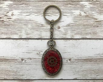 steampunk keychain red, glitter key fob, stocking stuffers for teenage girls, birthday gifts for adult, resin zipper pulls, bronze key chain