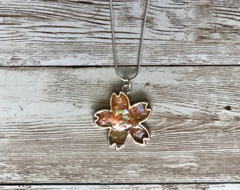 orange flower necklace, birthday gifts for sister, nature jewelry resin, Christmas gifts for women, silver jewelry for teenagers, glitter