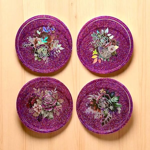 Magenta Holo Glitter Maroon Roses Handmade Resin Coasters Burgundy Floral Housewarming Gift for Her Rose Flower Coaster Set of Four Flowers