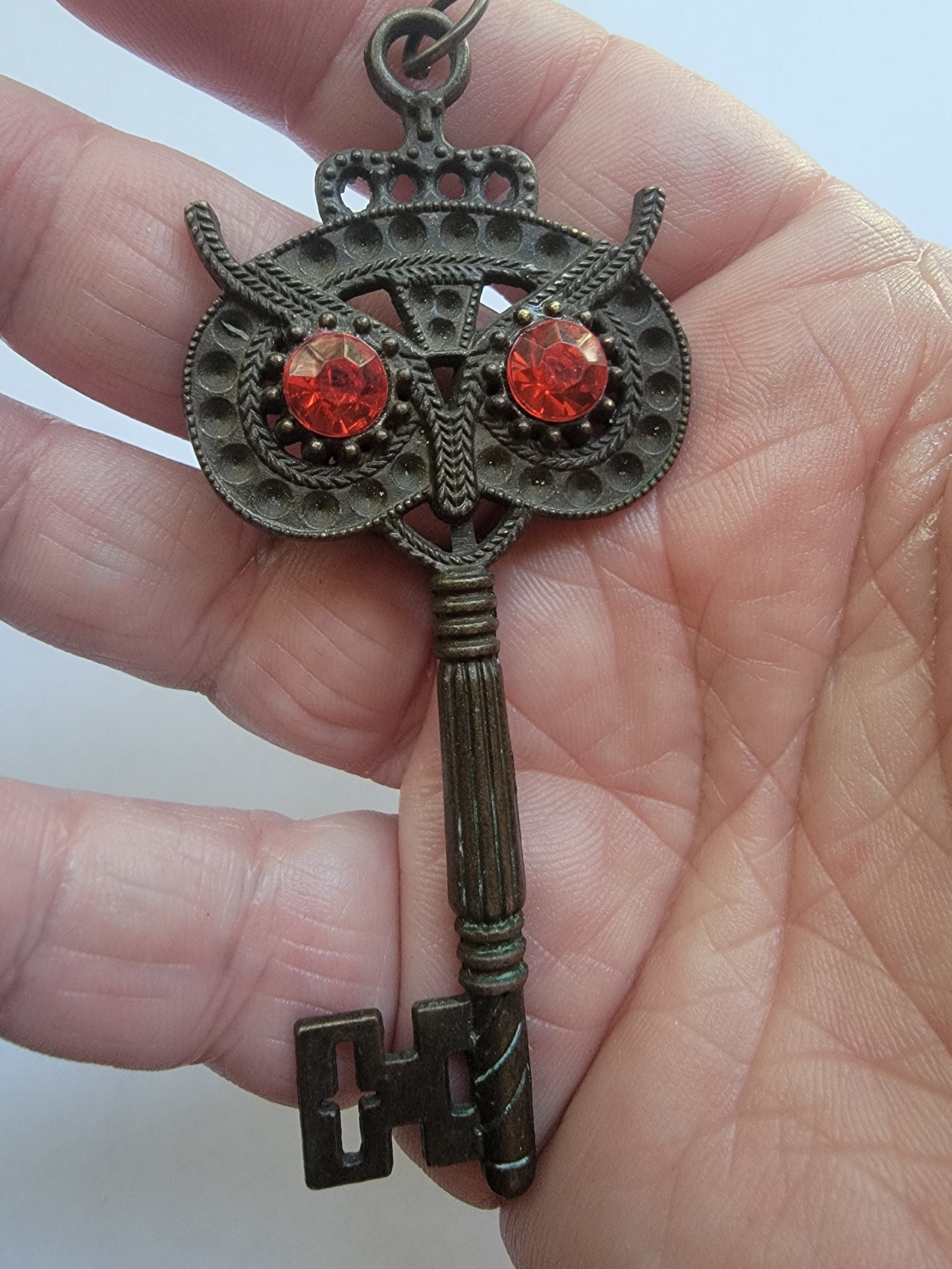 Bronze Tone Owl Key Pendant Necklace with Rhinestones