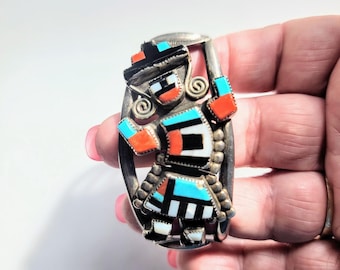 Zuni Rainbow Dancer Cuff Bracelet: Sterling Silver Inlay, G.B. Natachu
