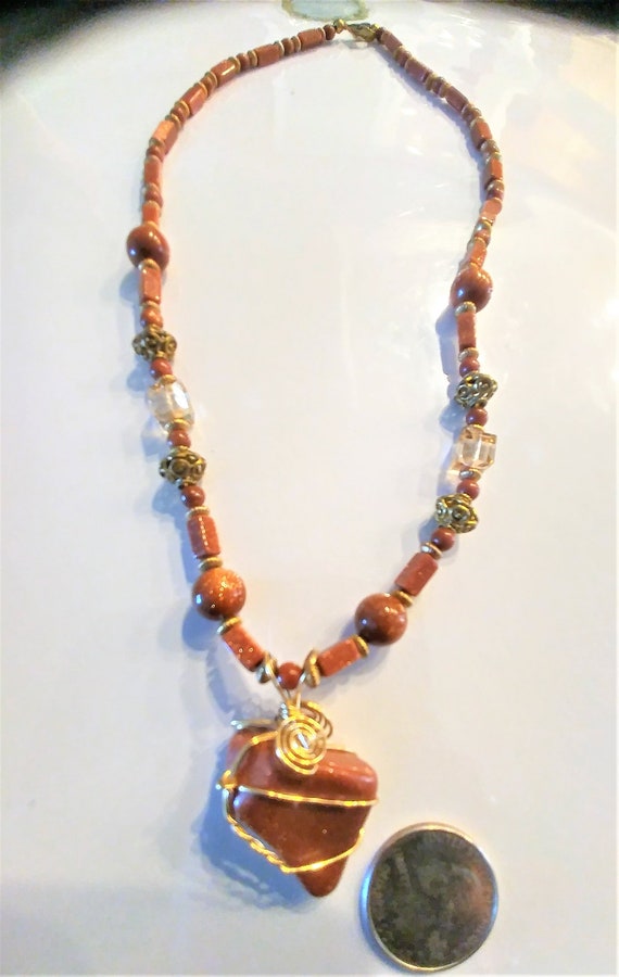 Stone Necklace / Goldstone Necklace / Beaded Stone